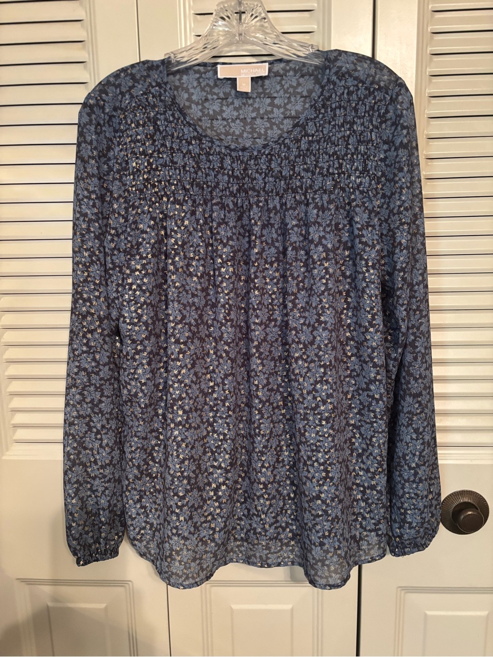 Michael Kors Navy and Light Blue Floral Long-Sleeve Blouse